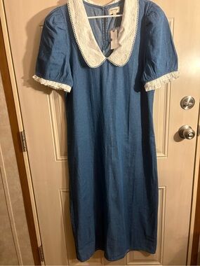 Anthropologie Porridge Blue Dress with White Lace Collar LARGE NWT Cottagecore